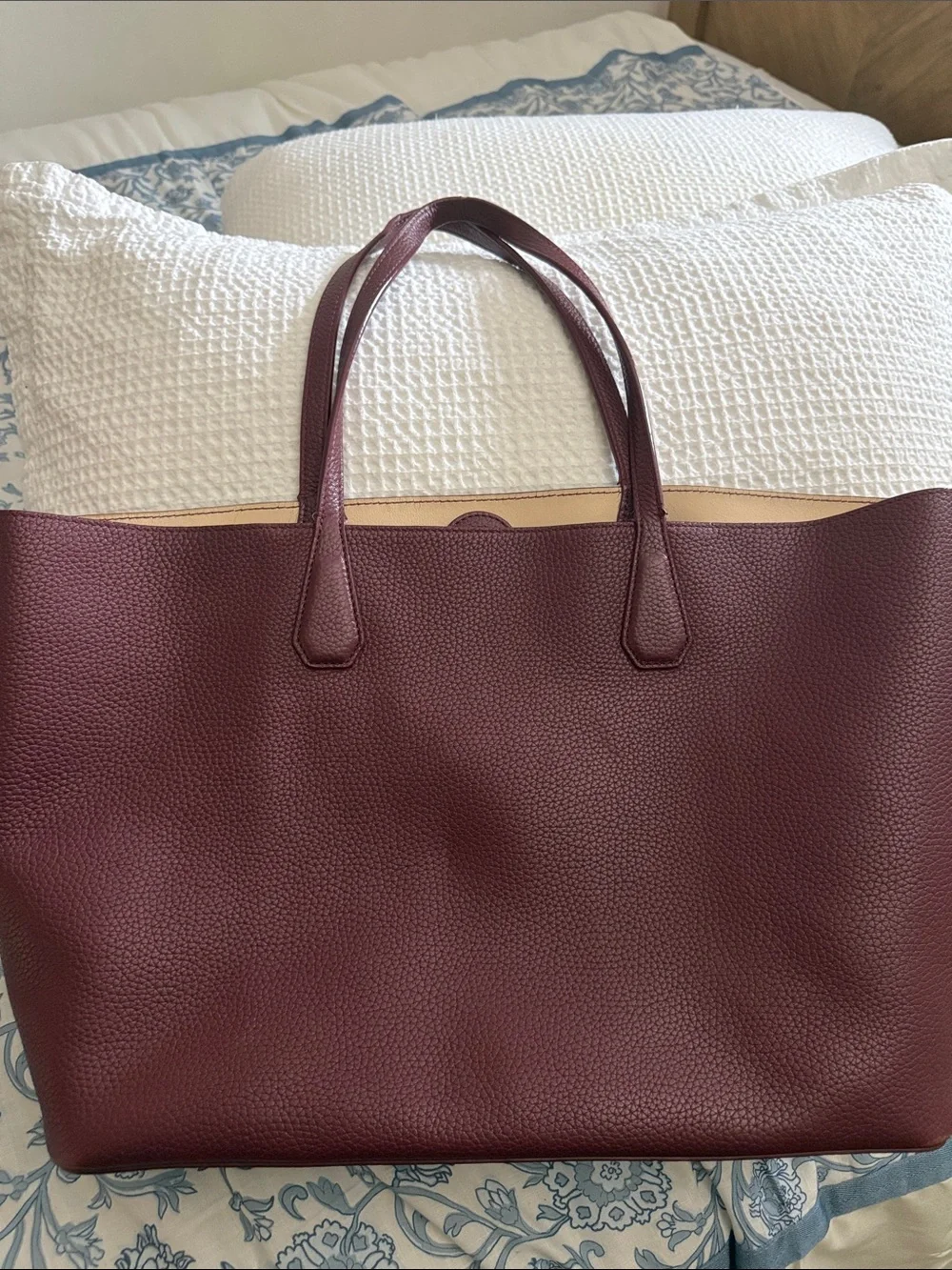 Tory Burch Perry Burgundy Pebbled Leather Tote with Gold Logo
